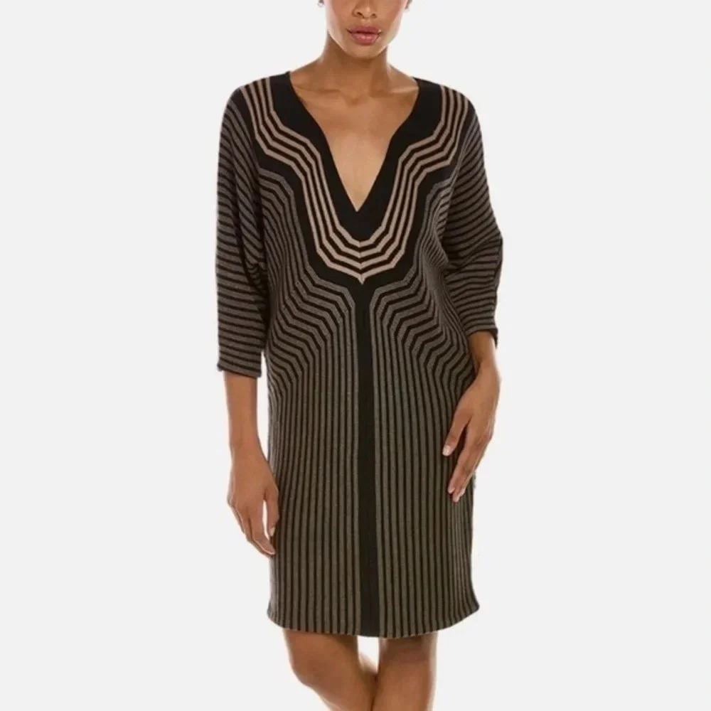 Trina Turk Gallivant Patterned Sweater Dress in Black Tan Size Small